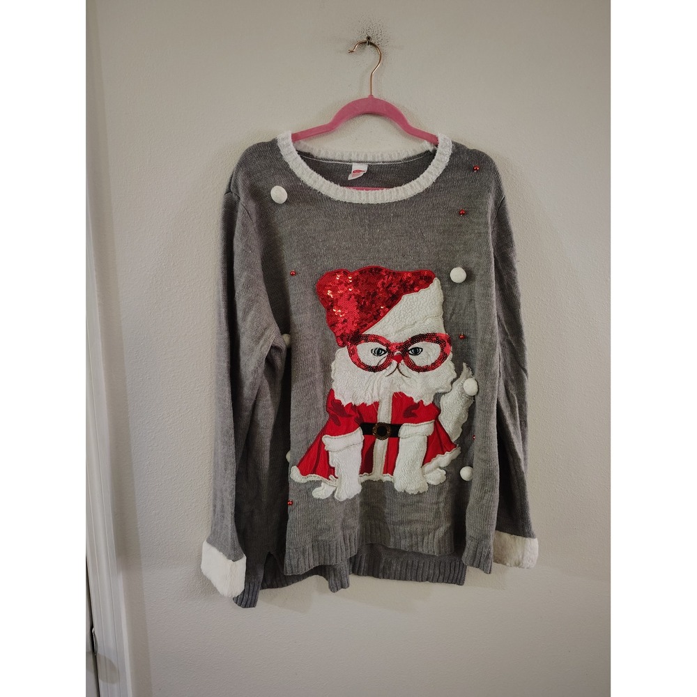 Holiday Time Womens 2X Gray Santa Cat Ugly Christmas Sweater Sequin Pom Pom